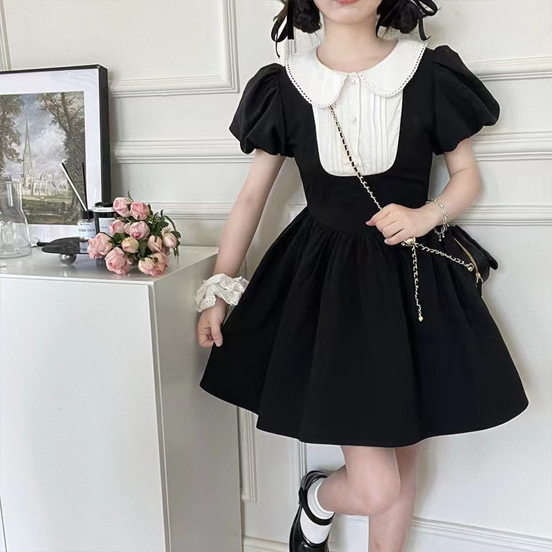 Summer Japanese style French temperament slim waist and thin a-line skirt student soft girl cute doll collar puff sleeve dress