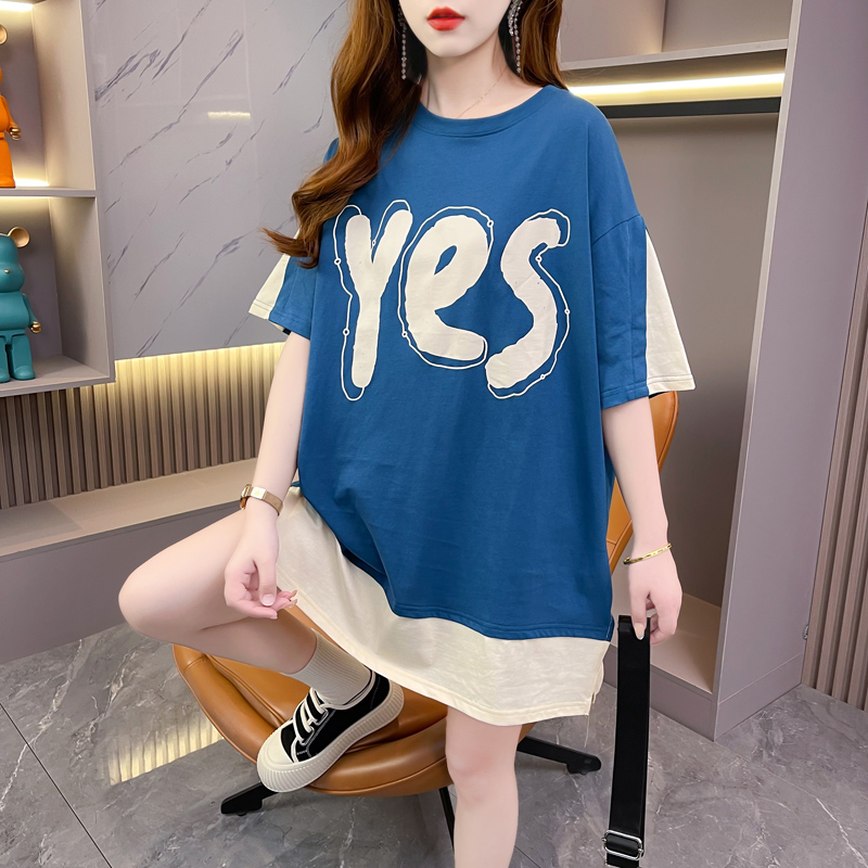 Real shot-summer post-wrap collar extra large size 300 catties mid-length printed color matching short-sleeved fake two-piece T-shirt