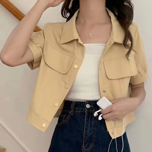 100 cotton casual all-match solid color short-sleeved shirt women's summer Korean style single-breasted POLO collar cardigan shirt
