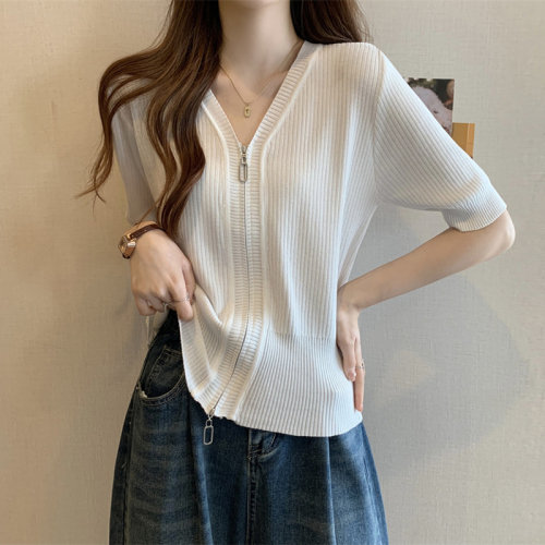 Large size women's Korean version of the belly cover ice silk short-sleeved knitted sweater women's summer fat mm thin zipper front shoulder bottoming shirt