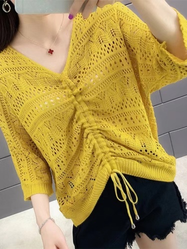 Spring and summer  new v-neck drawstring hollow top women's thin knitwear loose bat sleeves blouse
