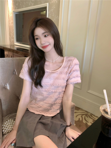 Real price real price square collar lace stitching short knitted T-shirt women Korean version all-match slim slim short-sleeved top
