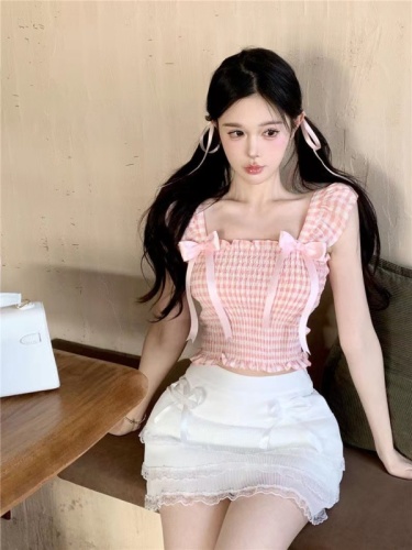 Plaid bow ribbon vest sling women's summer weather sweet wind self-cultivation slim pullover pink top tide