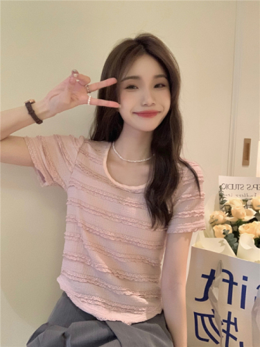 Real price real price square collar lace stitching short knitted T-shirt women Korean version all-match slim slim short-sleeved top