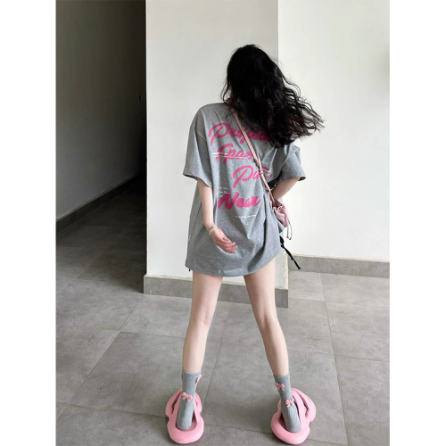 Cotton gray letter short-sleeved t-shirt women  new loose sweet cool design chic Hong Kong style top