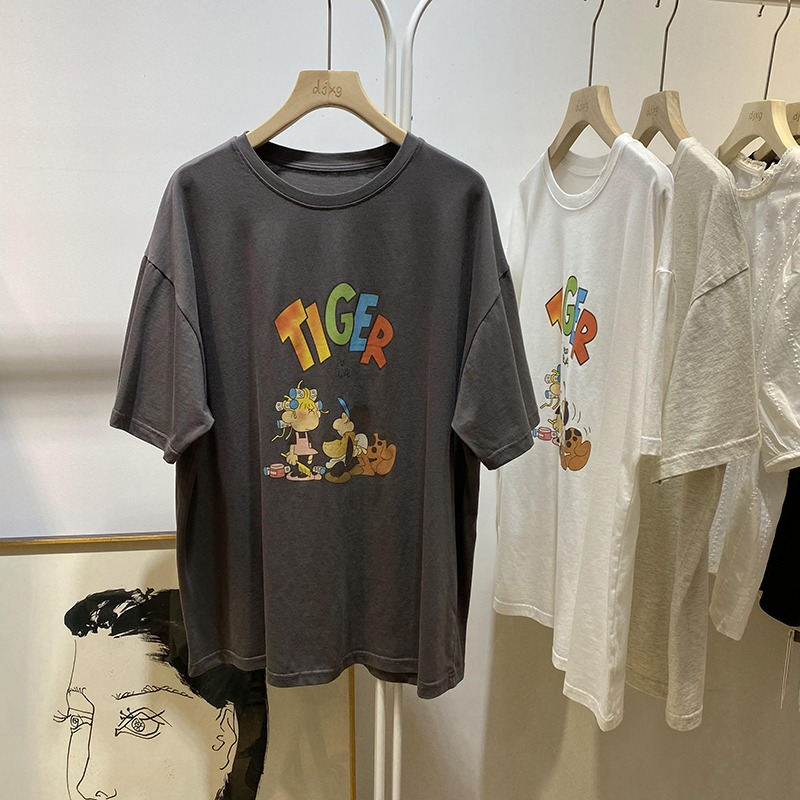 Real price pure cotton wrap collar 2023 summer new 200 carat shoulder strip loose large size women's short-sleeved T-shirt