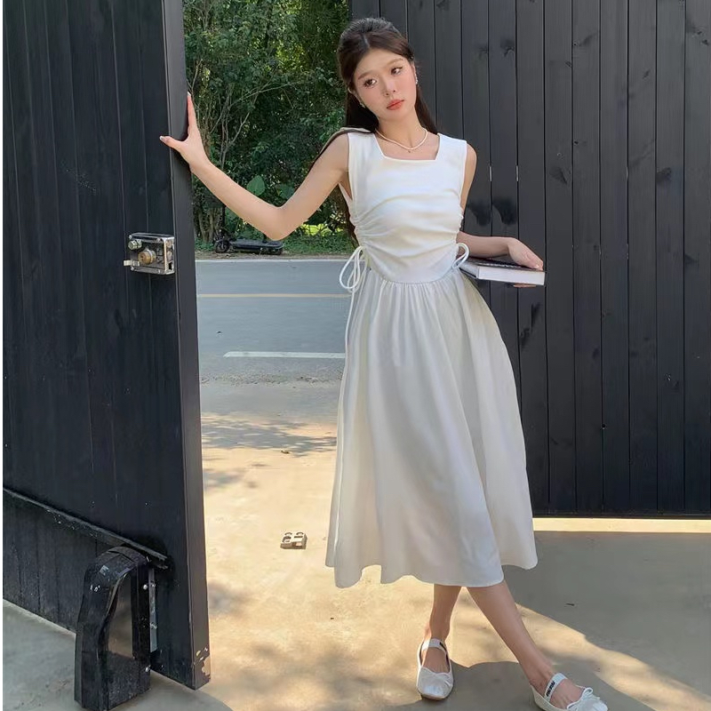 The original method is gentle and windy French dress vest solid color high waist drawstring tie Korean version of a-line skirt length