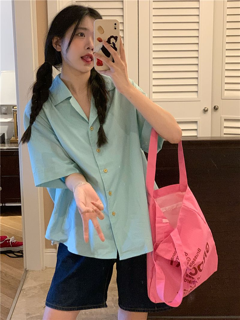 New Salt Striped Shirt Women's Design Sense Loose Casual Short-sleeved Shirt Student Tops