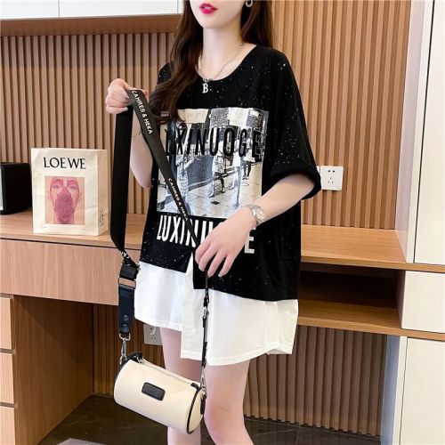Official Picture-Summer 100 Cotton Scattered Piece Woven Fake Two-piece Short-sleeved T-Shirt Women's Large Size Women's Top