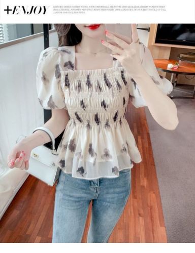 Puff sleeve square collar floral chiffon shirt female design sense niche summer pure desire sweet hot girl backless waist top