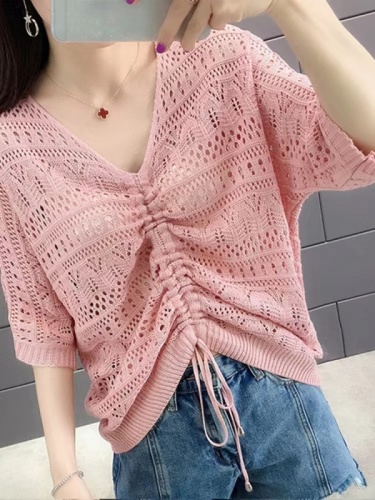 Spring and summer  new v-neck drawstring hollow top women's thin knitwear loose bat sleeves blouse