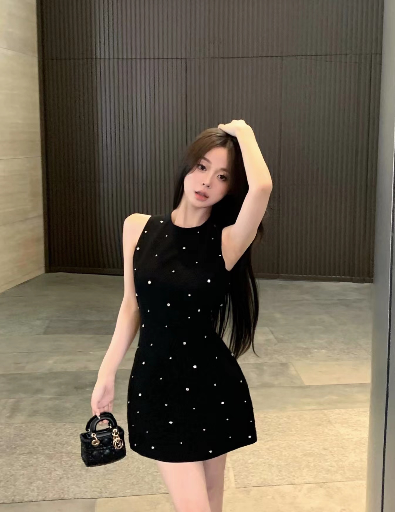 23 spring and summer new chaebol daughter flash diamond open back sexy acetate vest dress female