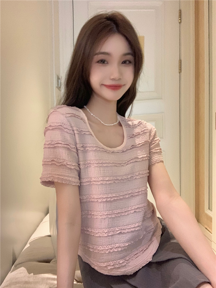 Real price real price square collar lace stitching short knitted T-shirt women Korean version all-match slim slim short-sleeved top