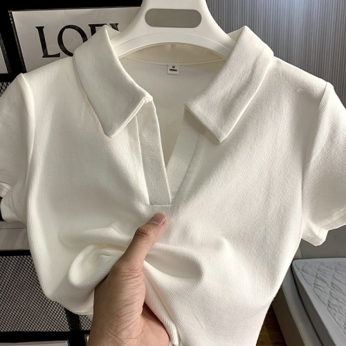 Korean hot girl thread front shoulder short-sleeved T-shirt small short polo shirt female summer slim slim ins top