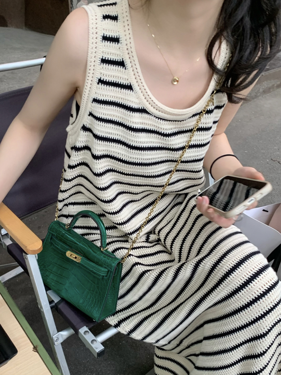 Sleeveless Striped Knitted Dress Women's Loose Long Skirt Slit Round Neck Summer New Product Slim and Versatile
