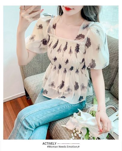 Puff sleeve square collar floral chiffon shirt female design sense niche summer pure desire sweet hot girl backless waist top