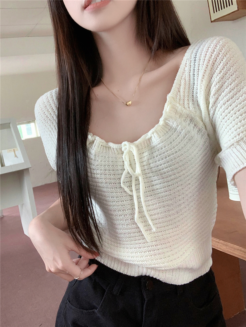 Real shot real price design sense drawstring self-cultivation slim temperament all-match short-sleeved sweater T-shirt top women