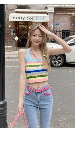 Qiqi is not 77/ hot girl sexy striped inner Thai style unique and chic small sling knitted vest female sleeveless