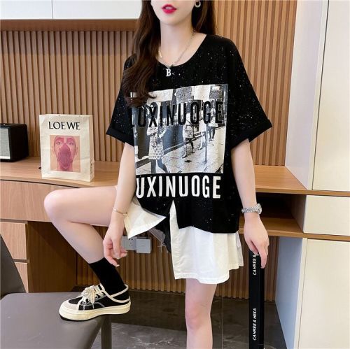 Official Picture-Summer 100 Cotton Scattered Piece Woven Fake Two-piece Short-sleeved T-Shirt Women's Large Size Women's Top