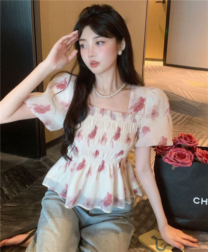 Puff sleeve square collar floral chiffon shirt female design sense niche summer pure desire sweet hot girl backless waist top