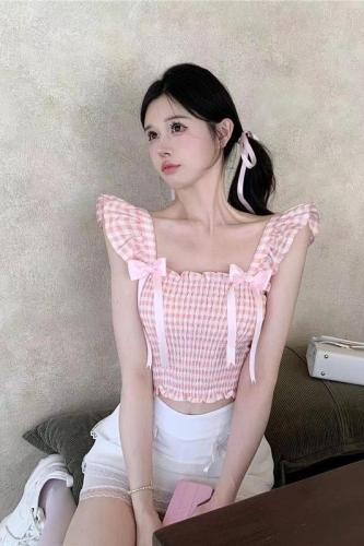 Plaid bow ribbon vest sling women's summer weather sweet wind self-cultivation slim pullover pink top tide