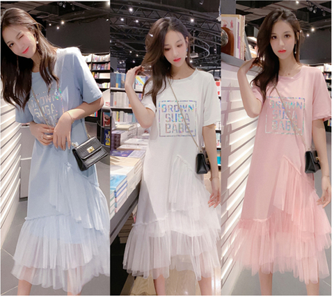 2023 new popular summer skirt splicing mesh cake T-shirt dress female fairy tutu skirt summer