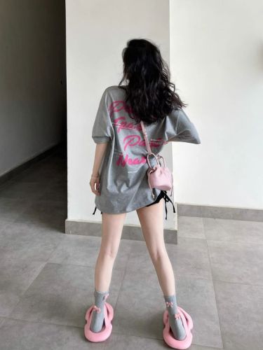 Cotton gray letter short-sleeved t-shirt women  new loose sweet cool design chic Hong Kong style top