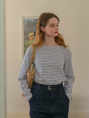 French one-collar multi-color striped long-sleeved T-shirt women's spring and summer casual all-match pure cotton bottoming top