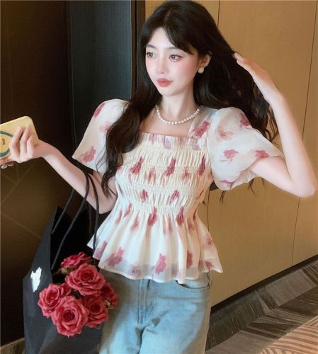 Puff sleeve square collar floral chiffon shirt female design sense niche summer pure desire sweet hot girl backless waist top