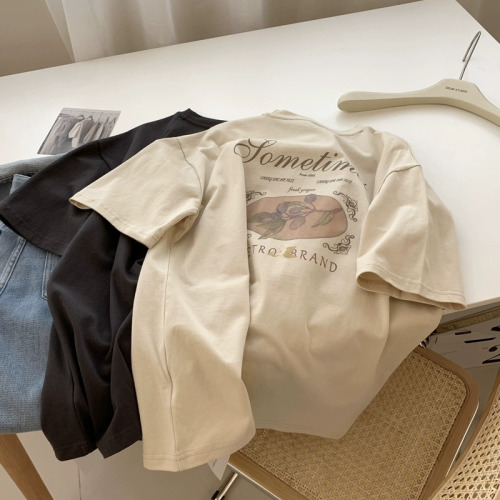 Summer dropped shoulders loose version 200g combed cotton back hemming short-sleeved T-shirt printed