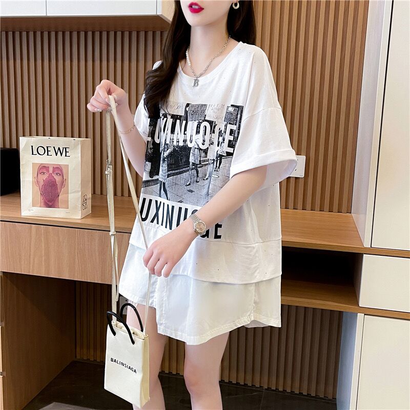 Official Picture-Summer 100 Cotton Scattered Piece Woven Fake Two-piece Short-sleeved T-Shirt Women's Large Size Women's Top