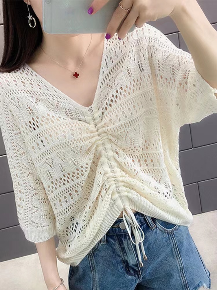Spring and summer 2023 new v-neck drawstring hollow top women's thin knitwear loose bat sleeves blouse