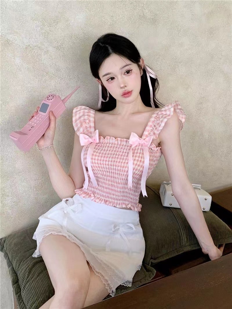 Plaid bow ribbon vest sling women's summer weather sweet wind self-cultivation slim pullover pink top tide