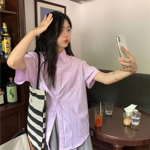 Summer college style pink short-sleeved shirt female students 2023 new sweet loose casual shirt ins tide