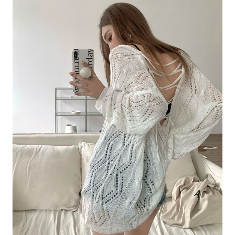 New white thin section long-sleeved sunscreen sweater summer niche hollow loose casual halter top