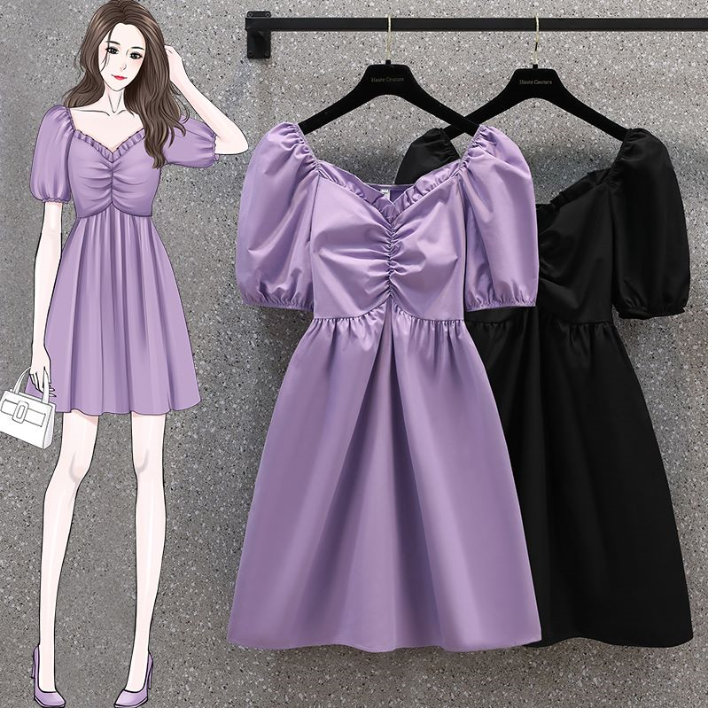 Real shot summer new style waist slimming all-match pleats super hot bubble short-sleeved dress M-4XL200 catties