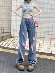 Real shot design sense splashed ink ripped jeans women's summer Korean version ins high waist slim straight wide leg trousers trendy