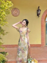 Garden oil painting skirt French fairy high-quality crumpled design dress chiffon slimming summer