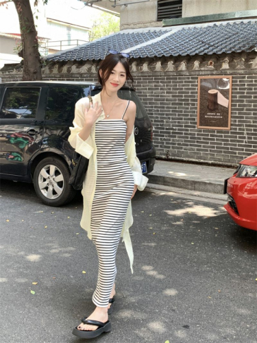 Waist slim striped suspender dress long sunscreen cardigan female summer  new Korean fashion suit