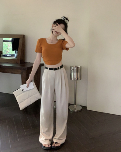 Real shot real price hot girl tight high waist navel exposed short-sleeved T-shirt + all-match loose casual trousers for women