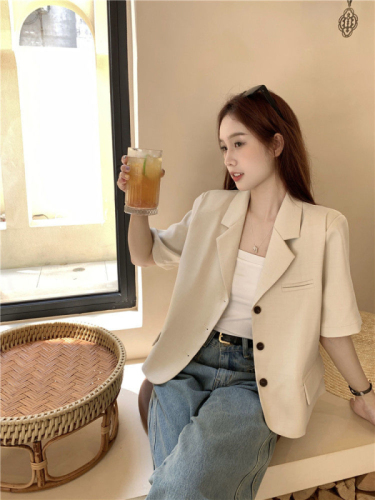 Xiaoxiangfeng high-end short-sleeved suit jacket women's summer 2023 new pink drape short temperament top