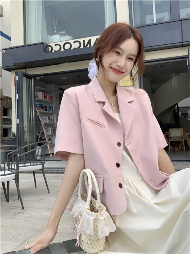 Xiaoxiangfeng high-end short-sleeved suit jacket women's summer 2023 new pink drape short temperament top