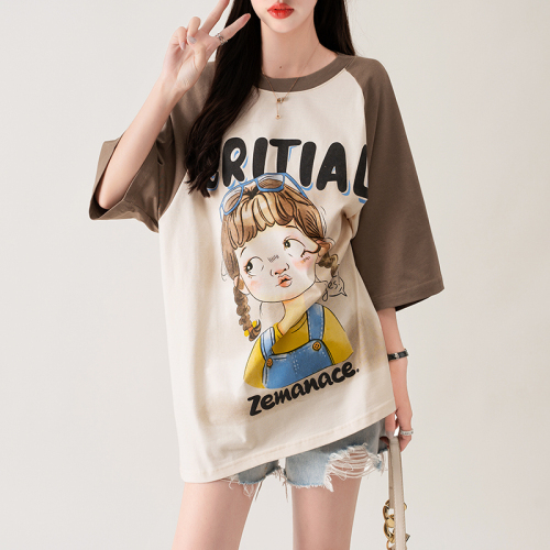 Real shot 21 combed cotton summer Korean style loose stitching raglan sleeves cartoon printing large size short-sleeved T-shirt for women