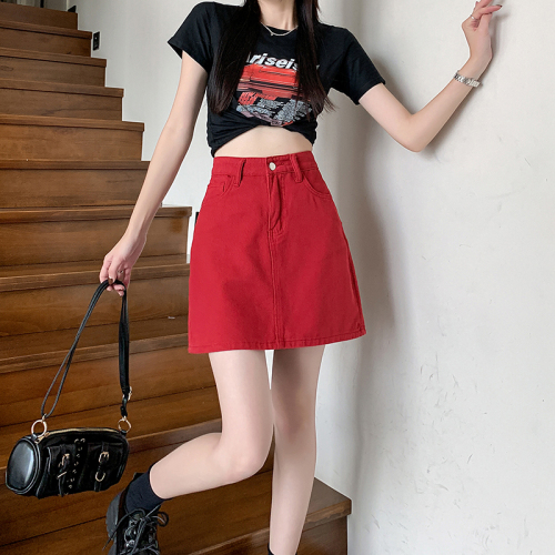 Real price~High waist denim short skirt women's 2023 summer new a-line skirt looks thin and versatile red skirt