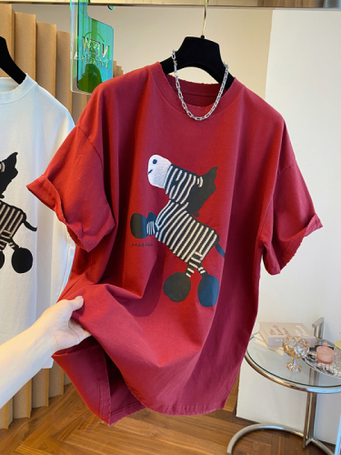  new loose cartoon zebra print embroidery red T-shirt women's short-sleeved foreign style age-reducing large version top summer