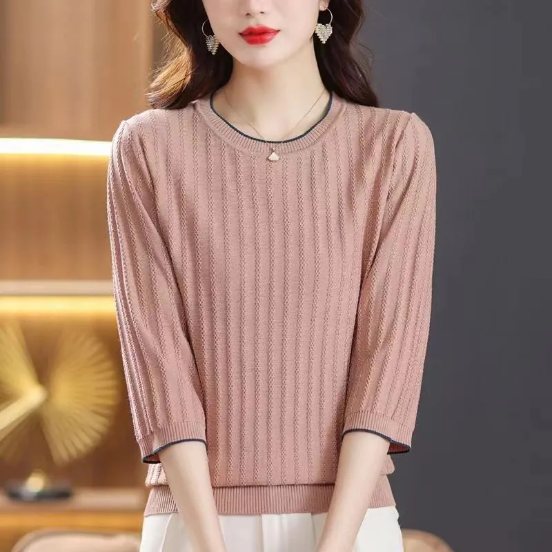2023 spring and summer new women's clothing ice silk mid-sleeve t-shirt thin knitwear loose foreign style small shirt three-quarter sleeve top women