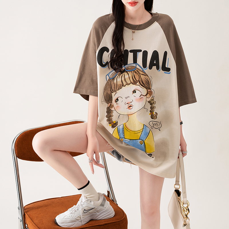 Real shot 21 combed cotton summer Korean style loose stitching raglan sleeves cartoon printing large size short-sleeved T-shirt for women
