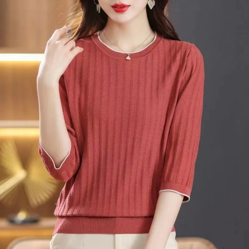  spring and summer new women's clothing ice silk mid-sleeve t-shirt thin knitwear loose foreign style small shirt three-quarter sleeve top women
