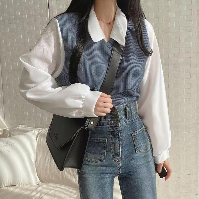 American retro college style small crowd polo lapel sweater women's hit color loose chic high-end trendy street tops