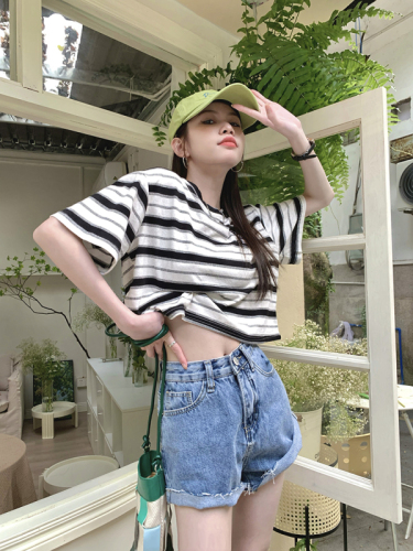 Real price real price new western style striped B letter round neck short-sleeved T-shirt women's top